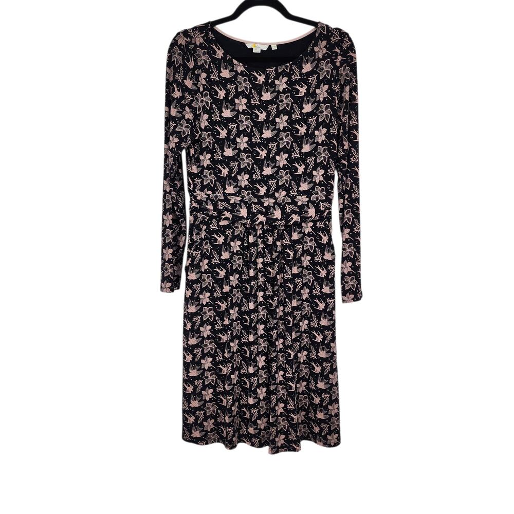 Boden Sparrow Bird Floral Print Abigail Long Sleeve Jersey Knit Dress Size 8